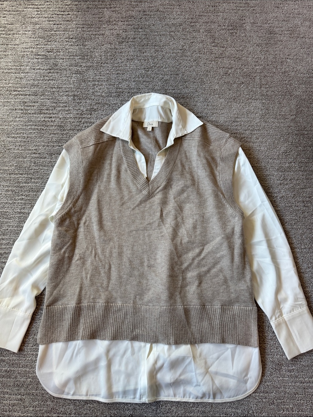 Elan Layered V-Neck Sweater Vest with White Shirt Detail